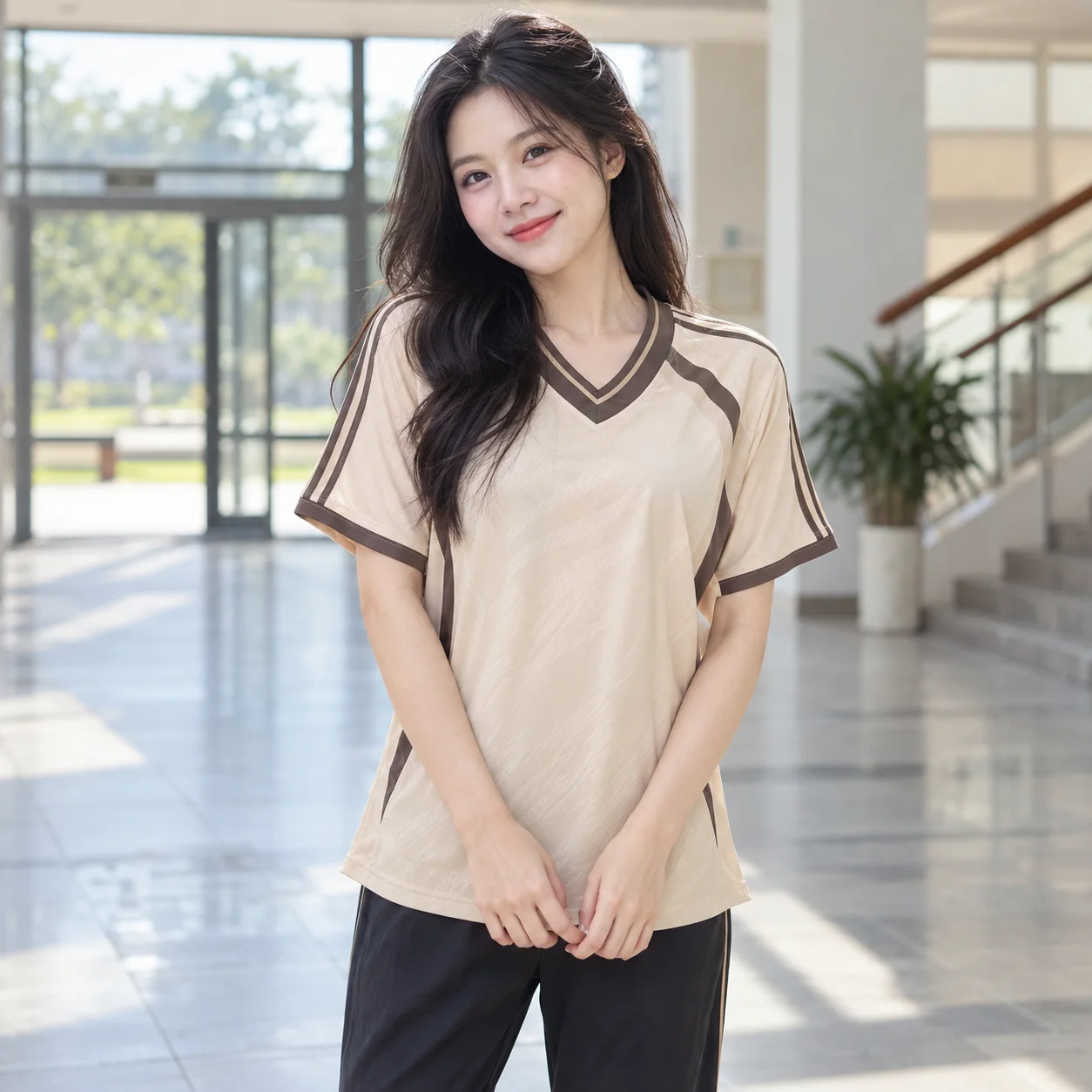 Áo Lớp Thể Thao 3D Màu Be, Cổ V, Phối Cổ Cho Học Sinh