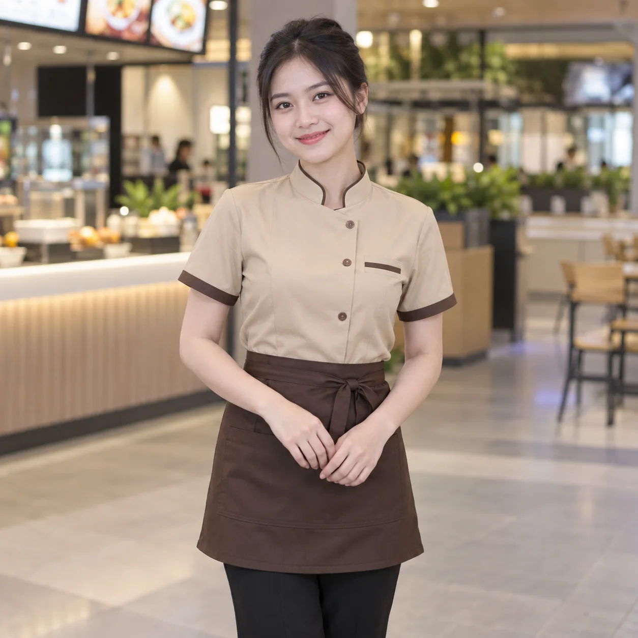 Đồng Phục Nhà Hàng Màu Be Cho Nhân Viên Phục Vụ