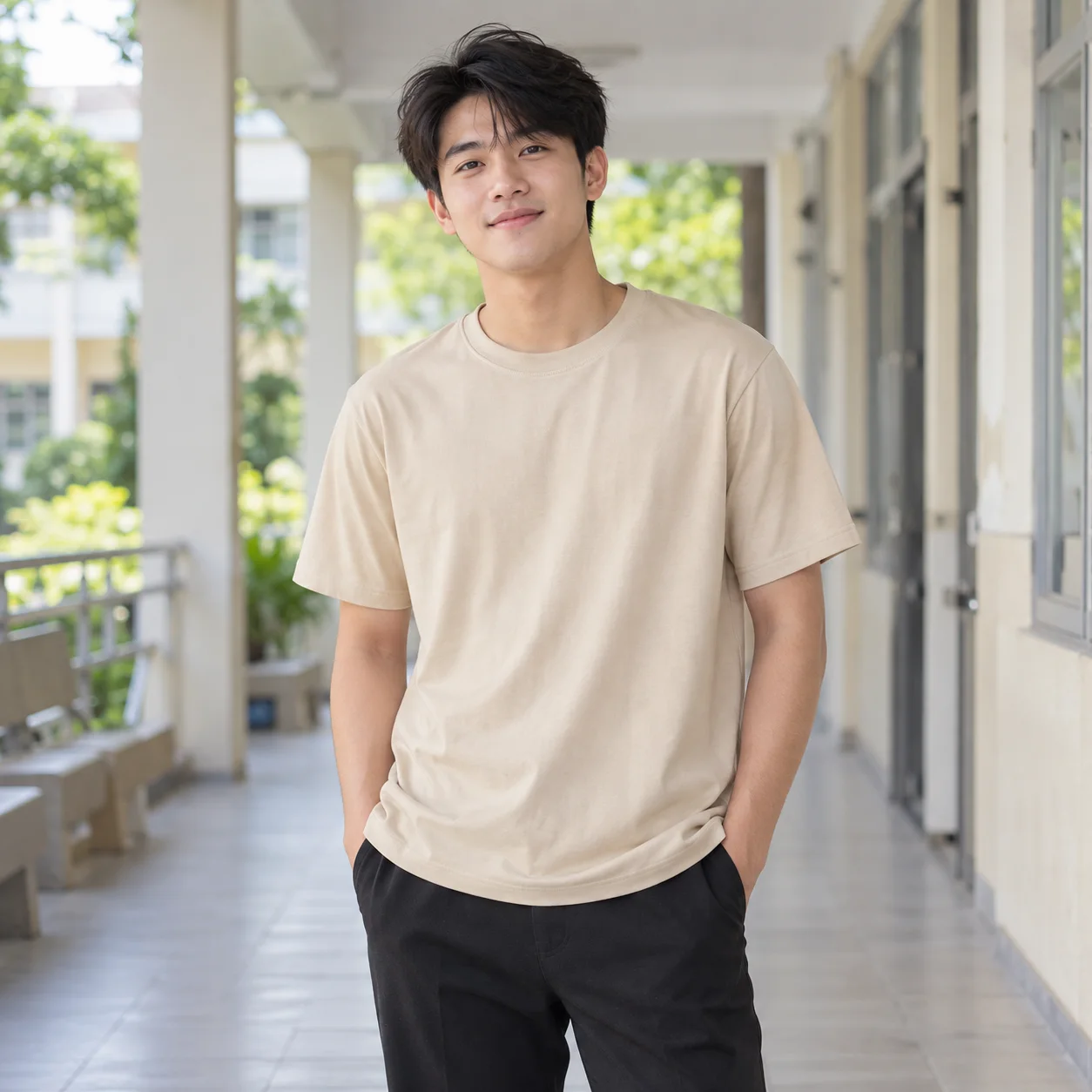 Áo Đồng Phục Lớp Màu Be, Cổ Tròn Cho Học Sinh