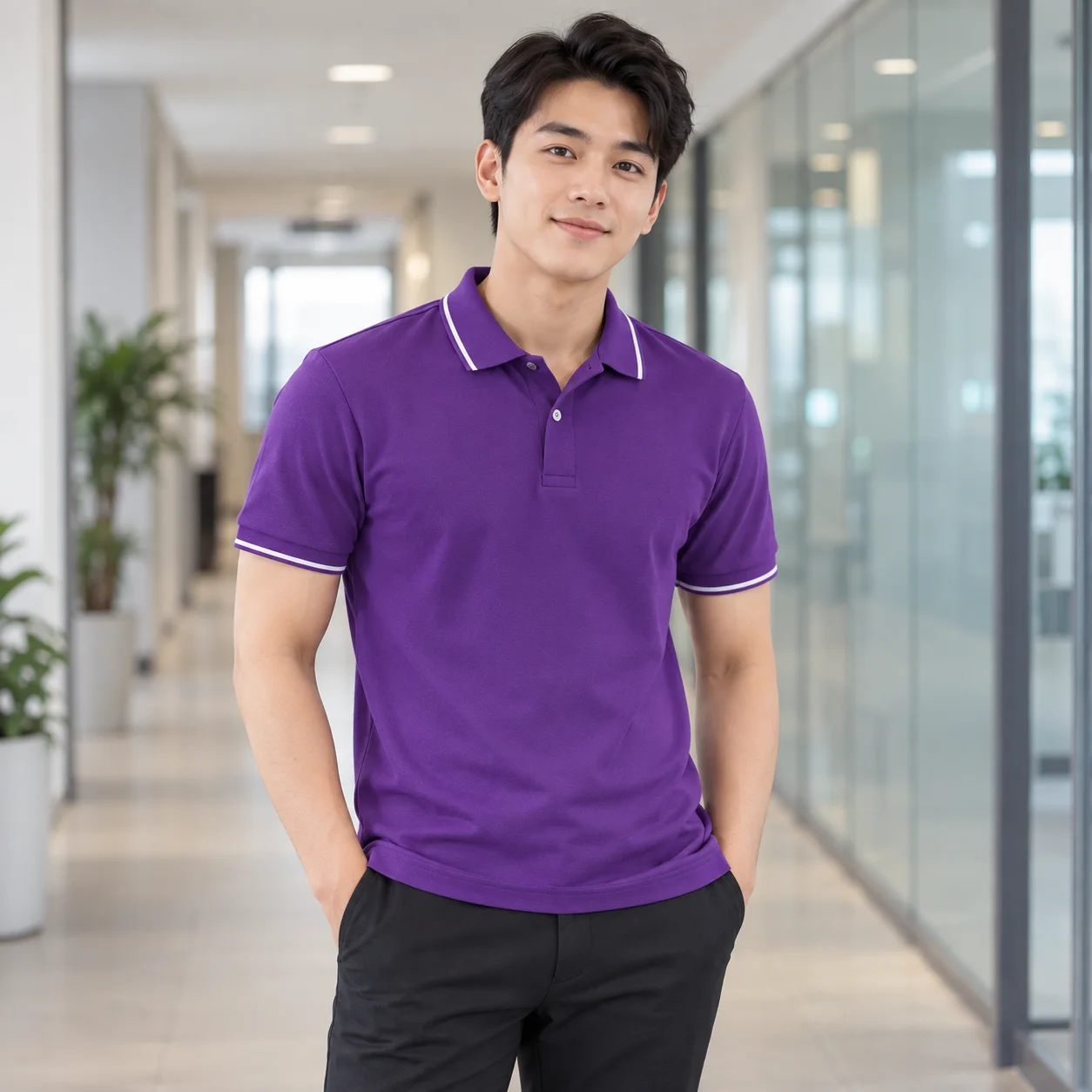 Áo Đồng Phục Theo Yêu Cầu Màu Tím, Cổ Bẻ, Phối Cổ Cho Tập Thể