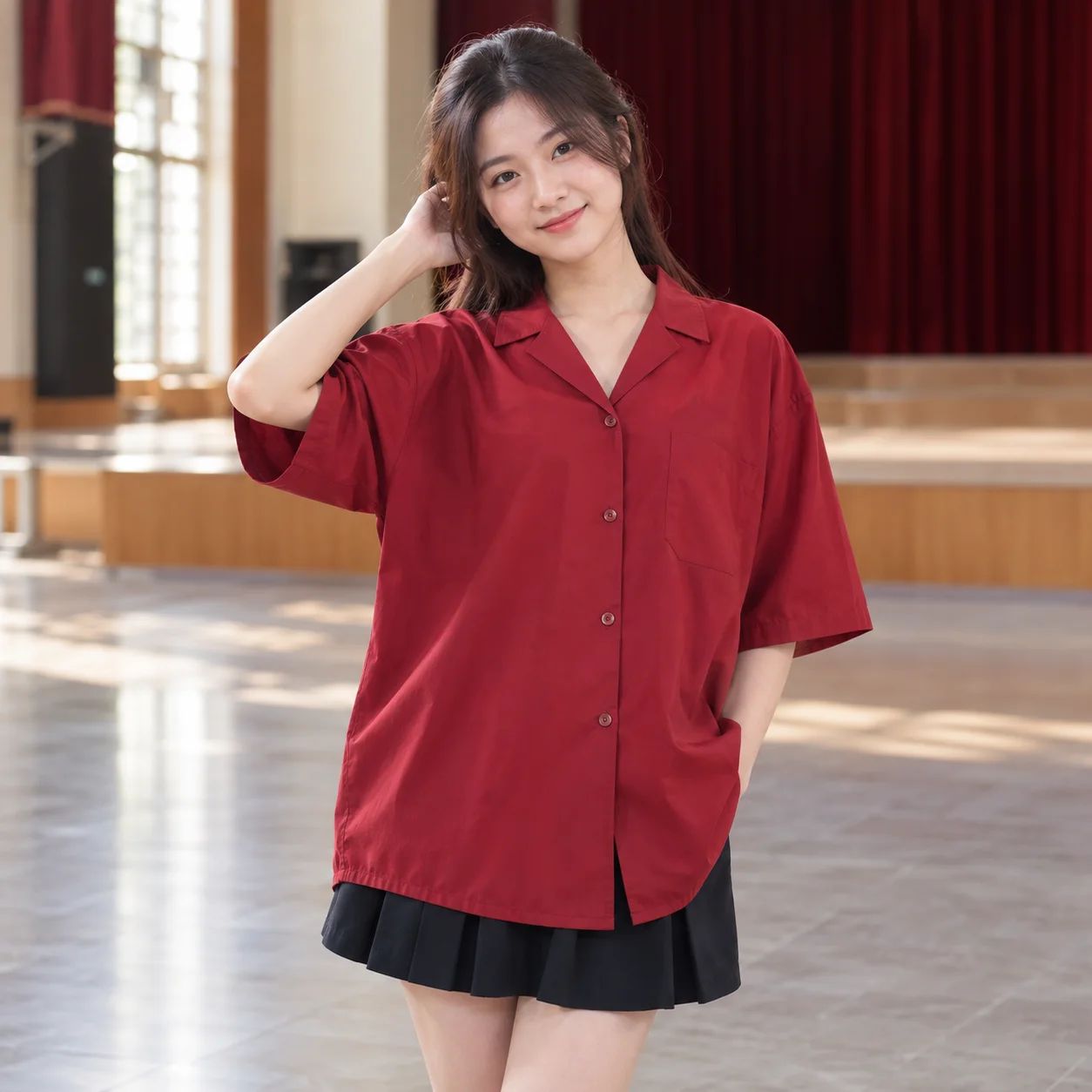 Áo Lớp Sơ Mi Màu Đỏ, Cổ V, Form Oversize Cho Học Sinh