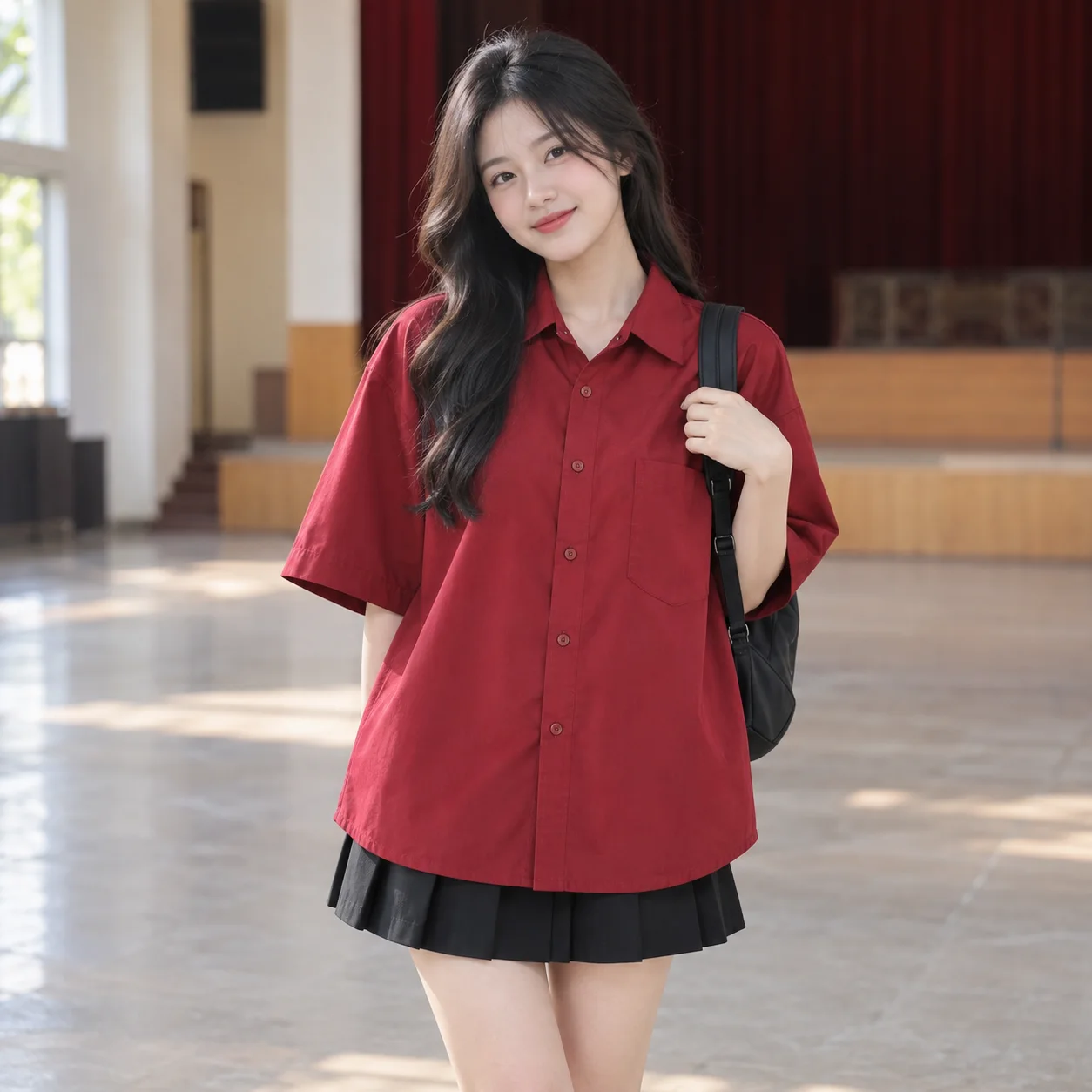 Áo Lớp Sơ Mi Màu Đỏ, Form Oversize Cho Học Sinh