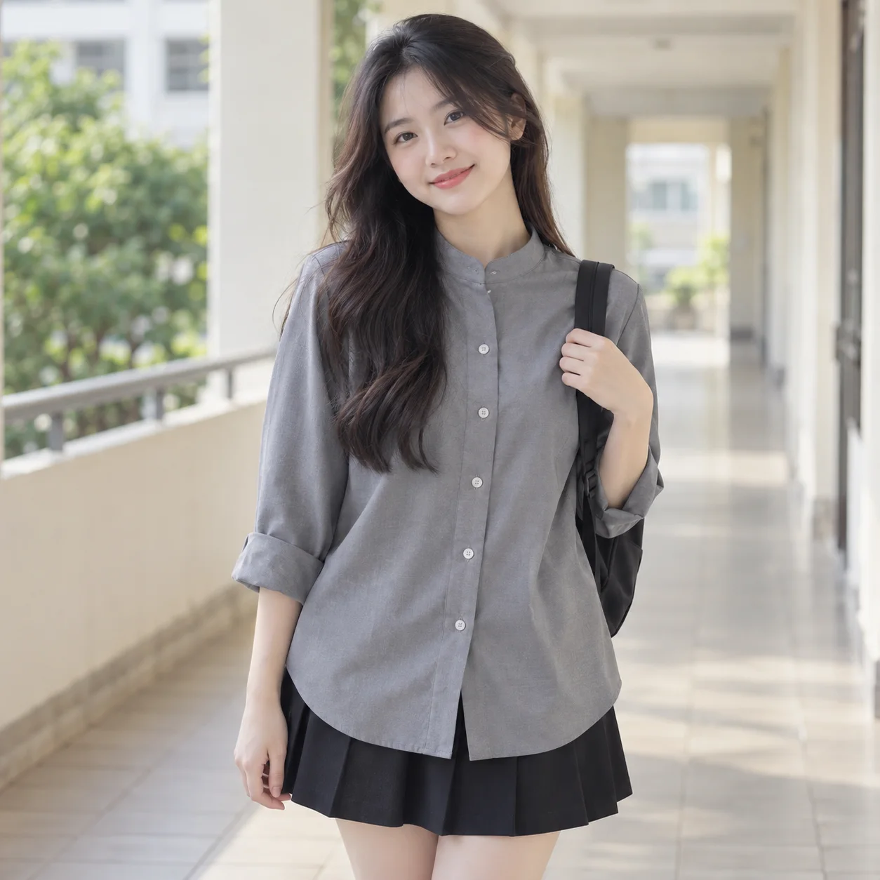 Áo Lớp Sơ Mi Màu Xám, Cổ Trụ Cho Học Sinh
