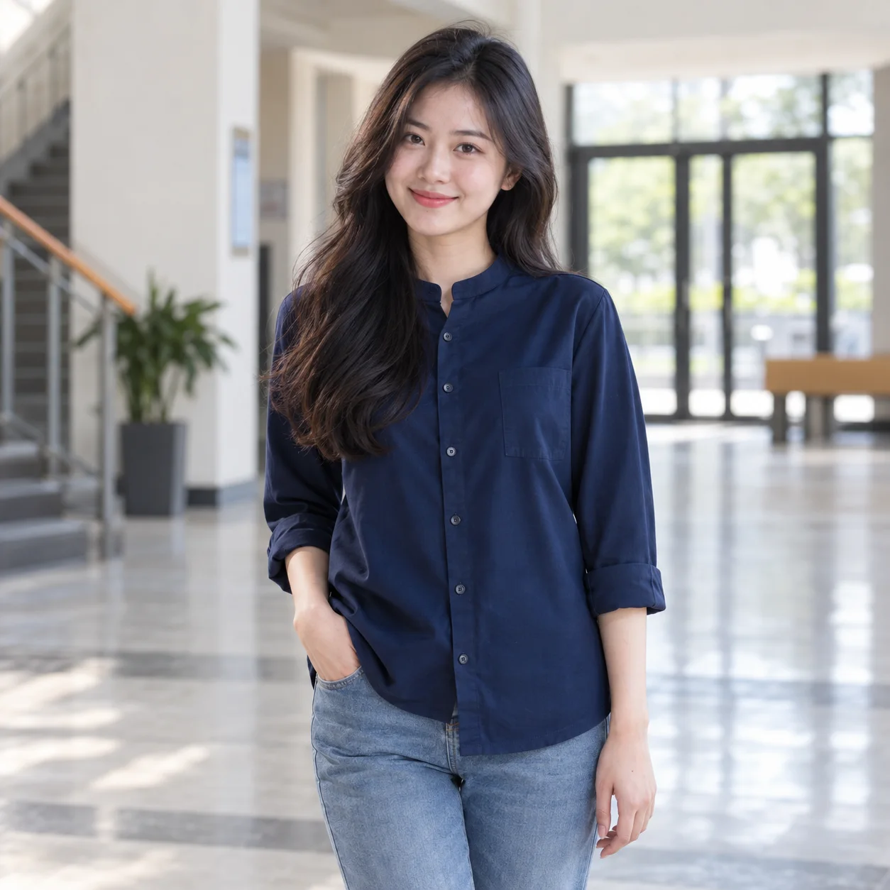Áo Lớp Sơ Mi Màu Xanh Than, Cổ Trụ Cho Học Sinh