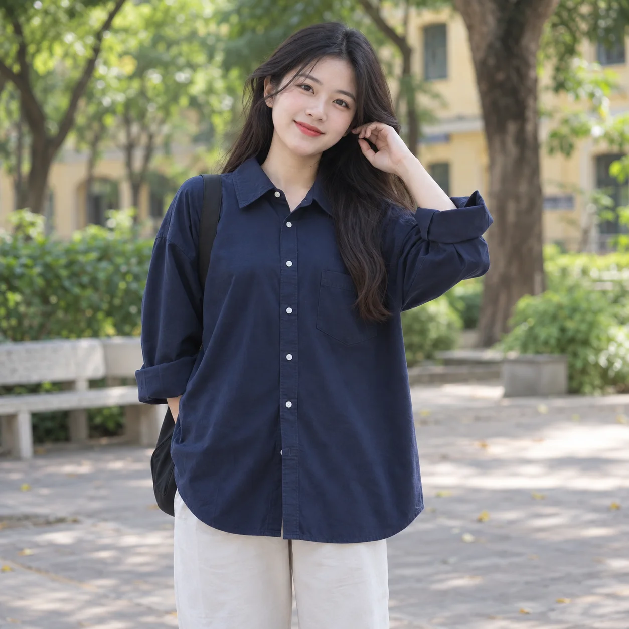 Áo Lớp Sơ Mi Màu Xanh Than, Form Oversize Cho Học Sinh