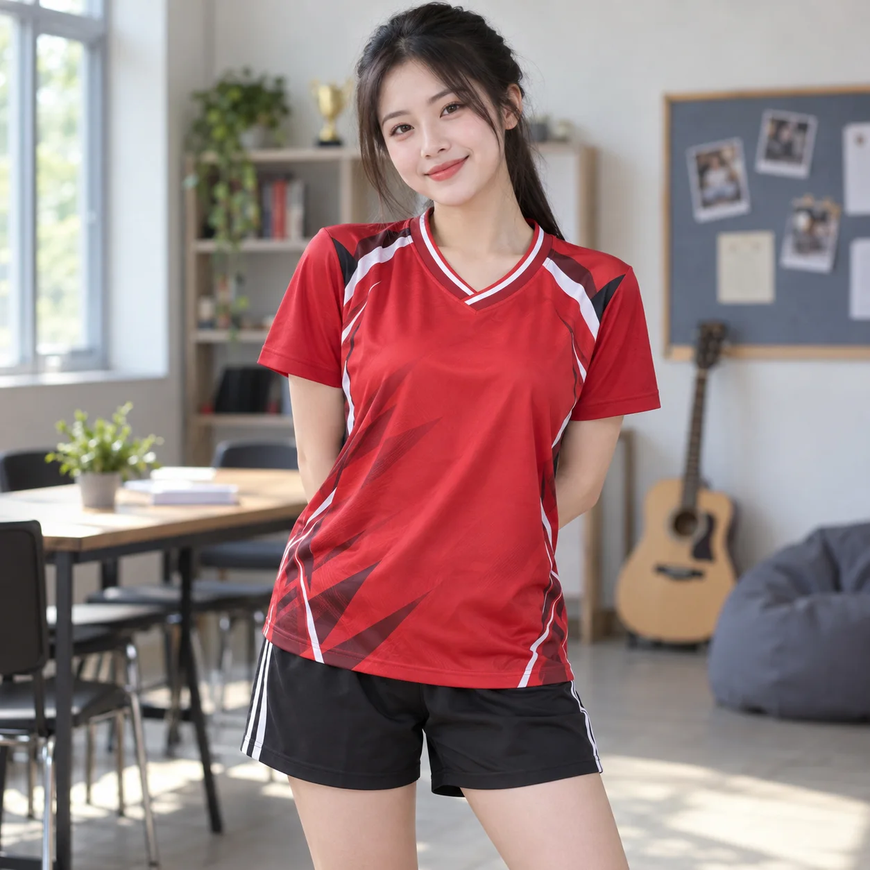 Áo Lớp Thể Thao 3D Màu Đỏ, Cổ V, Phối Màu Cho Học Sinh