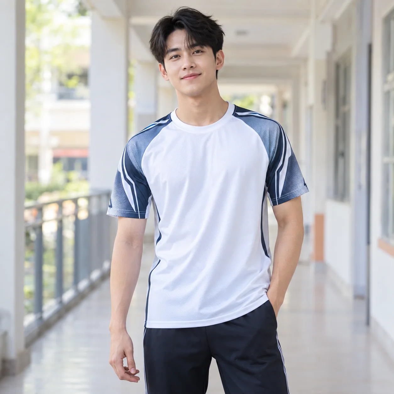 Áo Lớp Thể Thao 3D Màu Trắng, Cổ Tròn, Phối Tay Cho Học Sinh