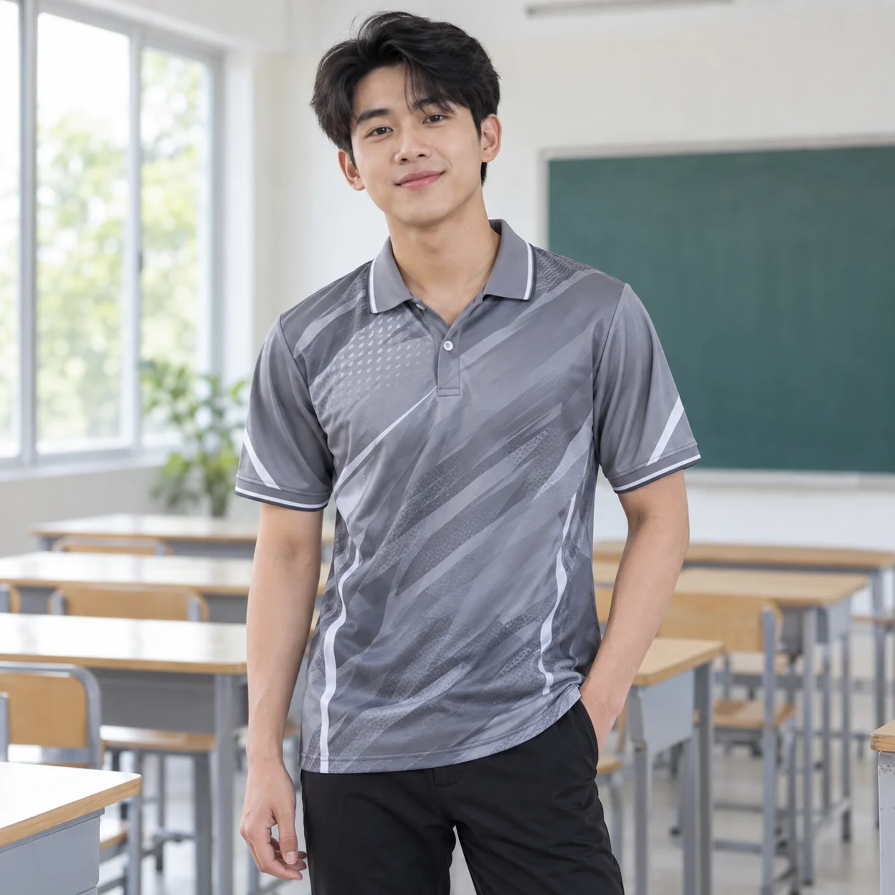 Áo Lớp Thể Thao 3D Màu Xám, Cổ Trụ Cho Học Sinh