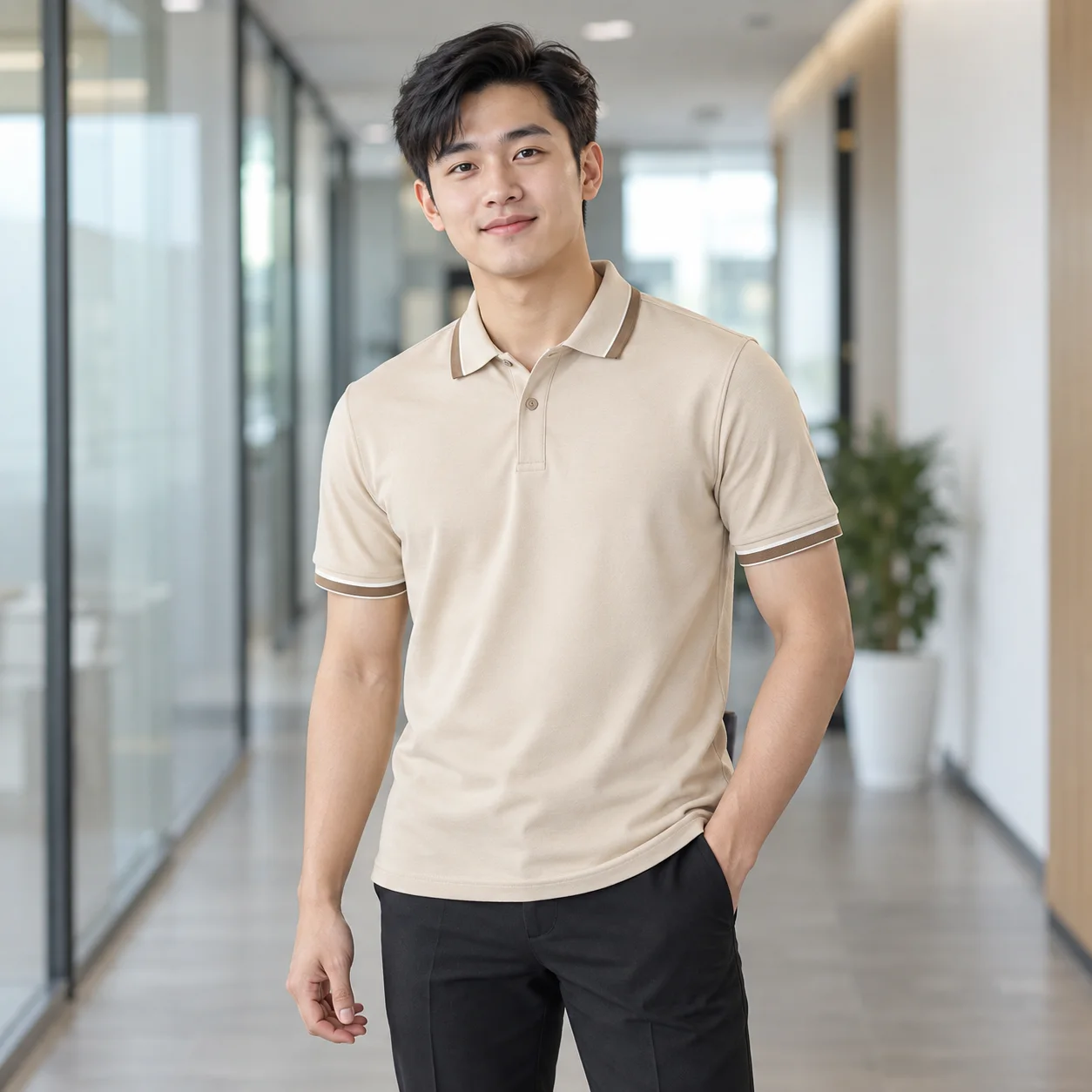 Áo Polo Đồng Phục Công Ty Màu Be, Cổ Bẻ, Phối Cổ Cho Nhân Viên