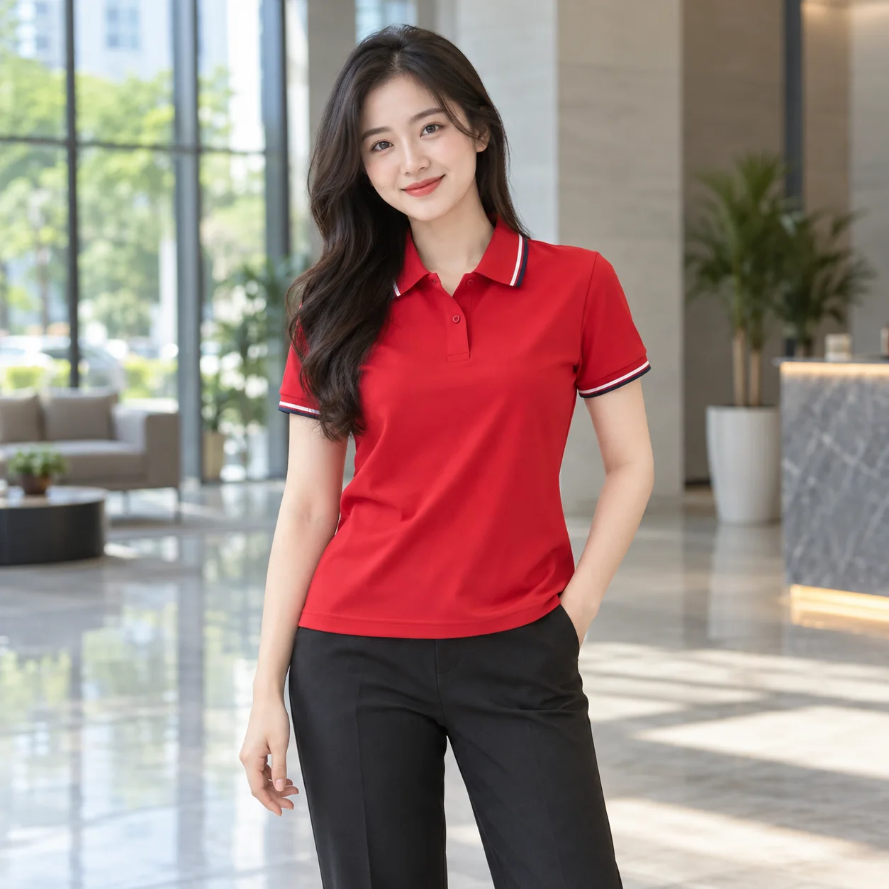 Áo Polo Đồng Phục Công Ty Màu Đỏ, Cổ Bẻ, Phối Cổ Cho Nhân Viên