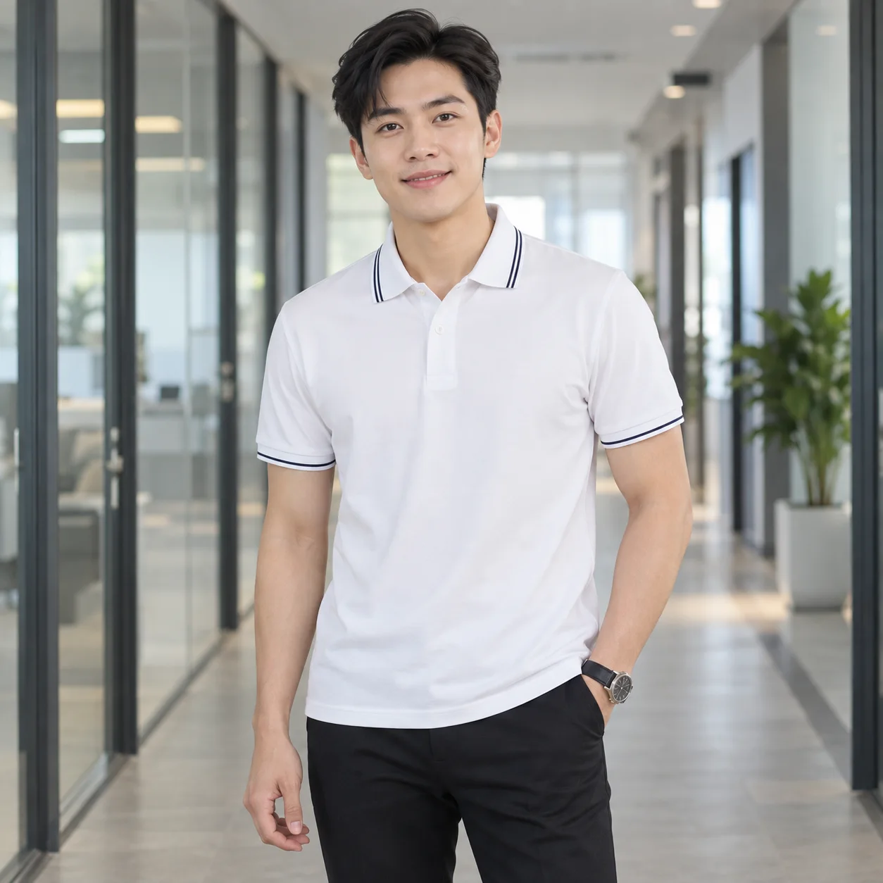 Áo Polo Đồng Phục Công Ty Màu Trắng, Cổ Bẻ, Phối Cổ Cho Nhân Viên