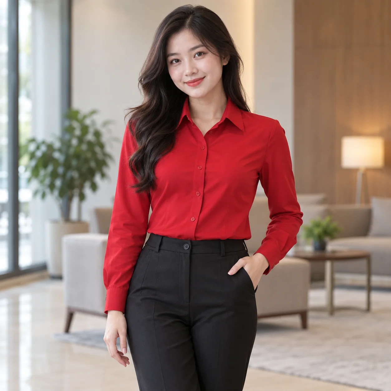 Áo Sơ Mi Đồng Phục Công Sở Màu Đỏ Cho Nhân Viên