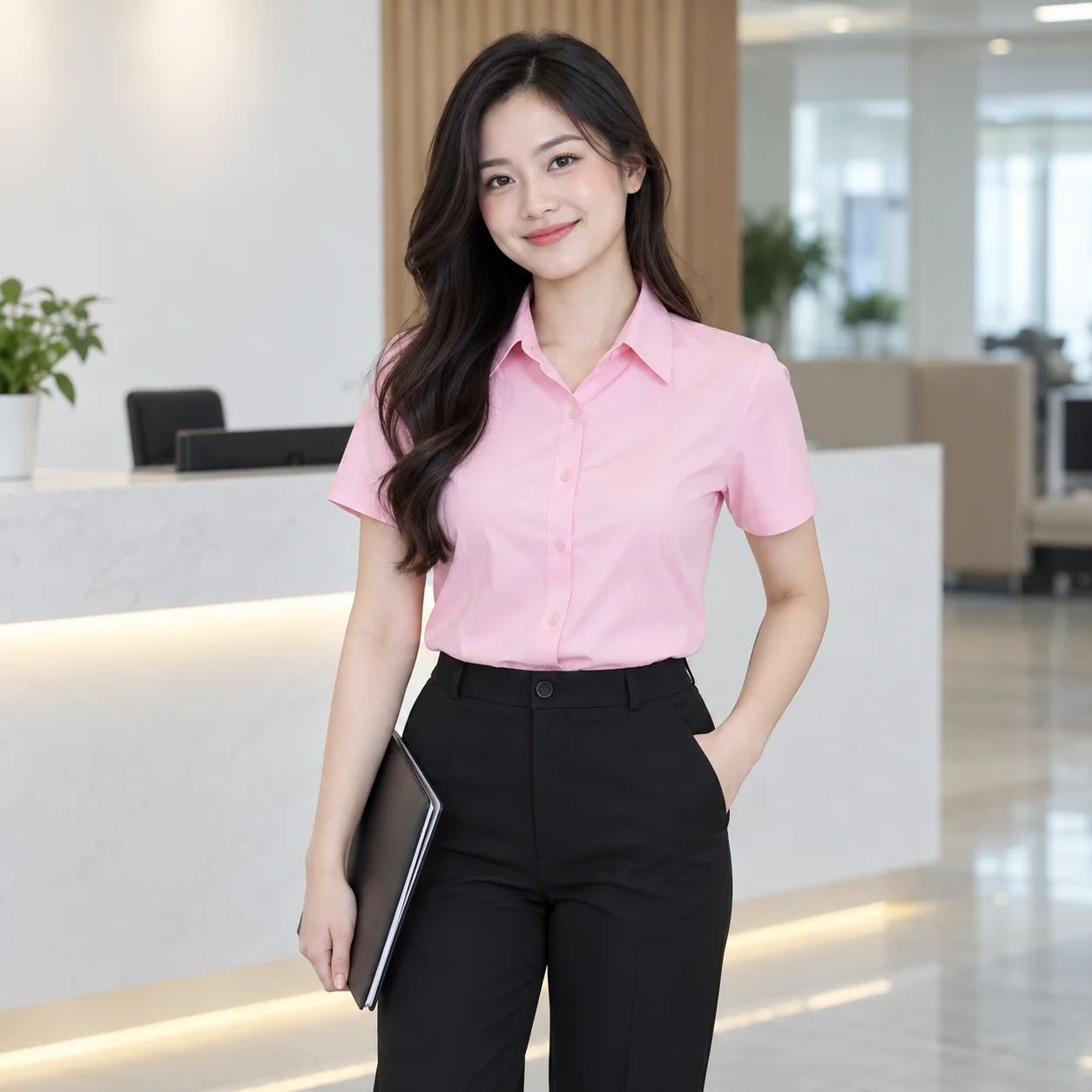 Áo Sơ Mi Đồng Phục Công Sở Màu Hồng, Tay Ngắn Cho Nhân Viên