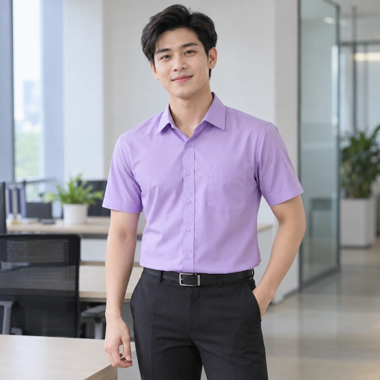 Áo Sơ Mi Đồng Phục Công Sở Màu Tím, Tay Ngắn Cho Nhân Viên