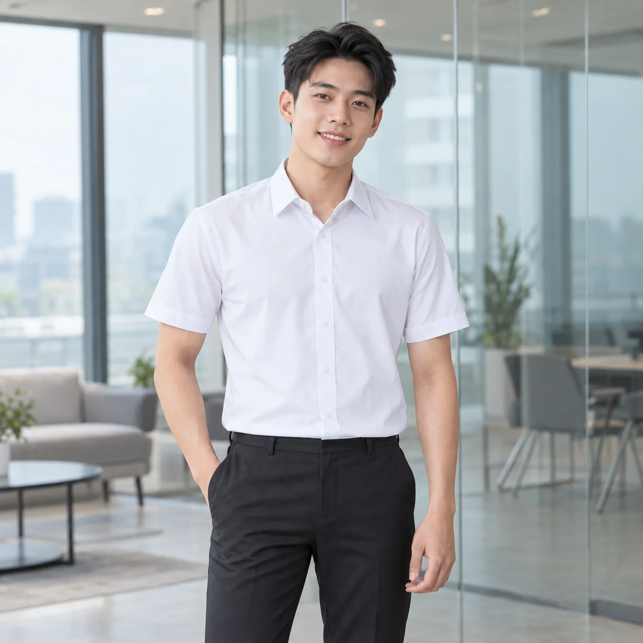 Áo Sơ Mi Đồng Phục Công Sở Màu Trắng, Tay Ngắn Cho Nhân Viên