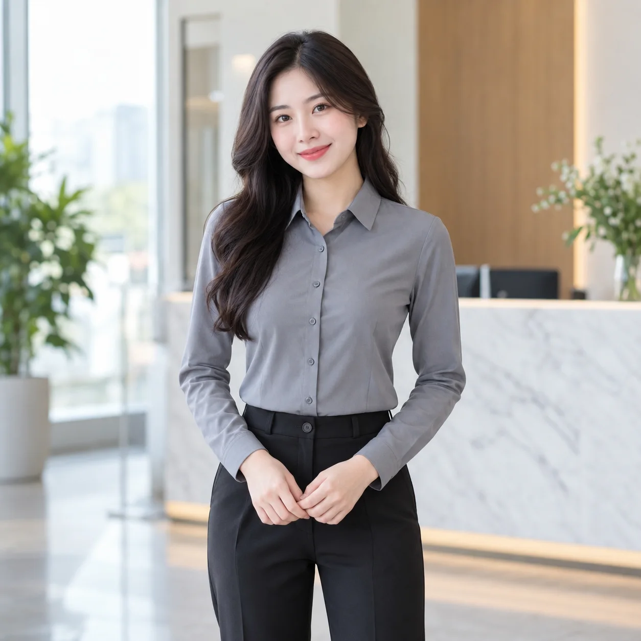 Áo Sơ Mi Đồng Phục Công Sở Màu Xám, Tay Dài Cho Nhân Viên