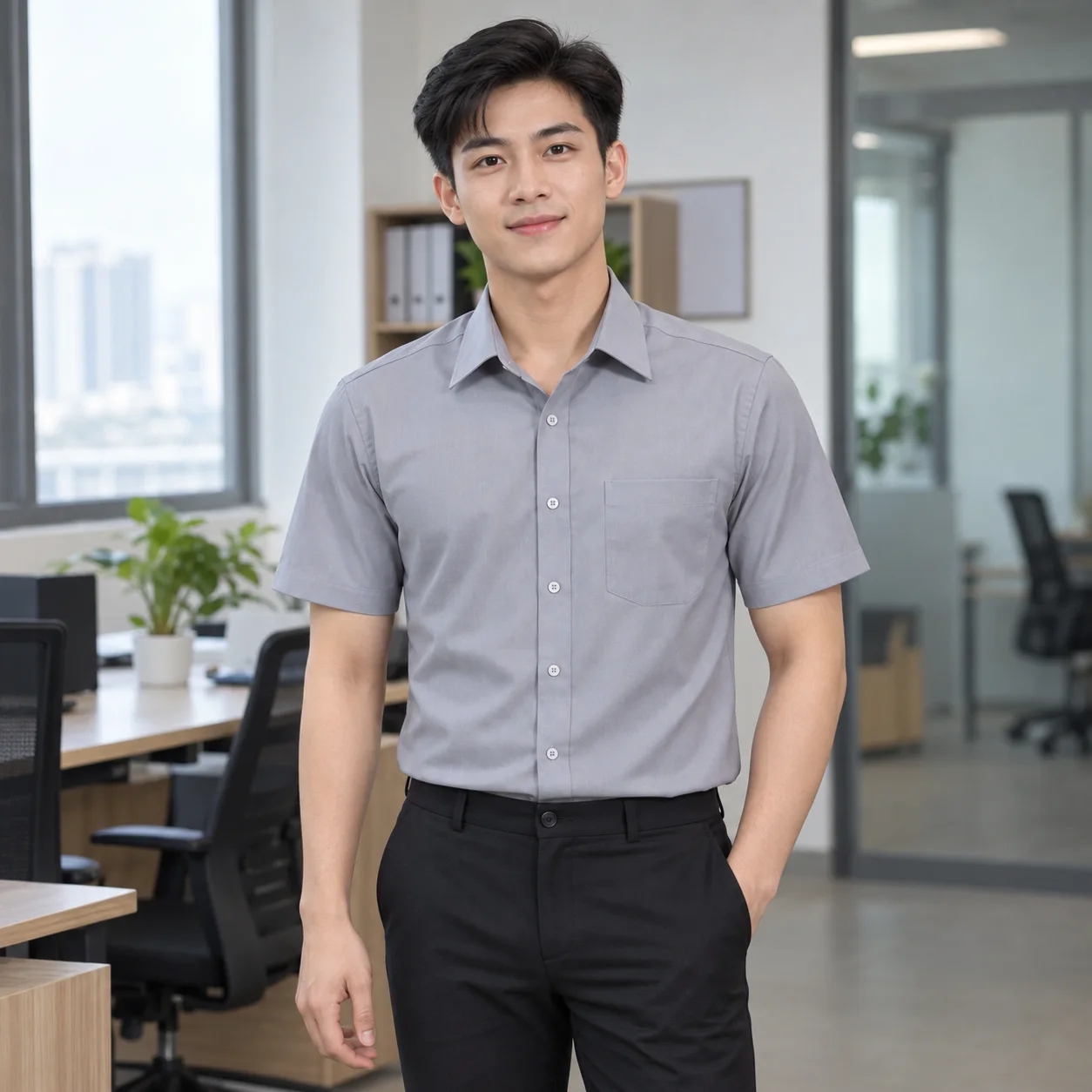 Áo Sơ Mi Đồng Phục Công Sở Màu Xám, Tay Ngắn Cho Nhân Viên