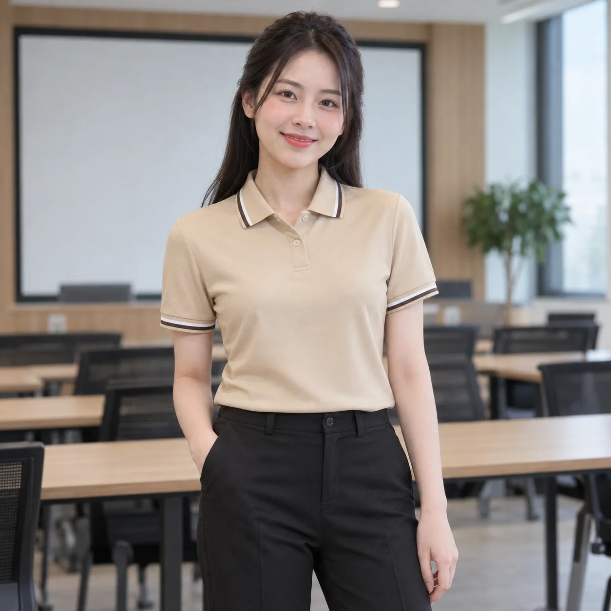 Áo Thun Đồng Phục Công Ty Màu Be, Phối Cổ Cho Nhân Viên