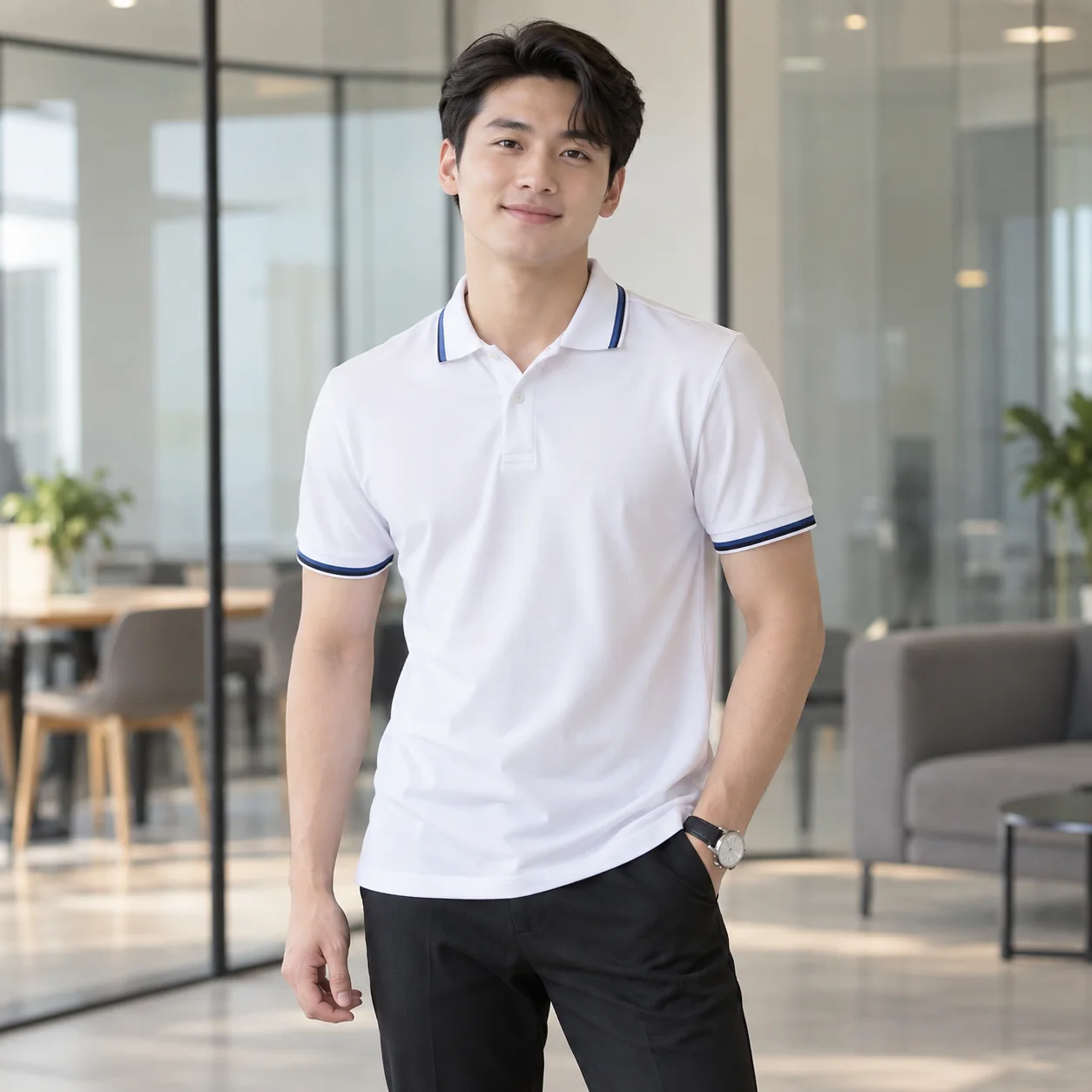 Áo Thun Đồng Phục Công Ty Màu Trắng, Phối Cổ Cho Nhân Viên – Mẫu 1