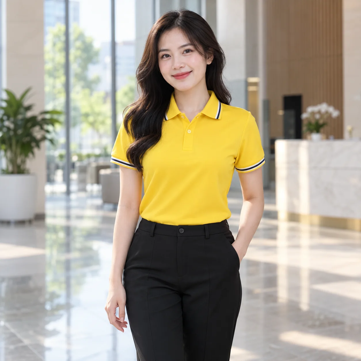 Áo Thun Đồng Phục Công Ty Màu Vàng, Cổ Đức, Phối Cổ Cho Nhân Viên