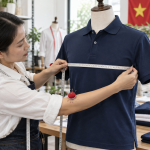 Thợ may đo ngang ngực áo polo để xác định size đồng phục