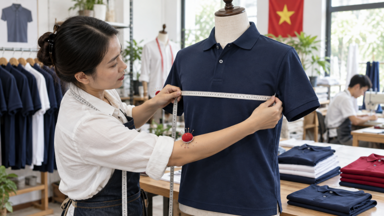 Thợ may đo ngang ngực áo polo để xác định size đồng phục