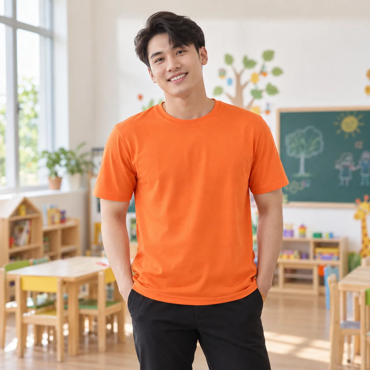 Đồng Phục Mầm Non Màu Cam, Cổ Tròn Cho Trường Học