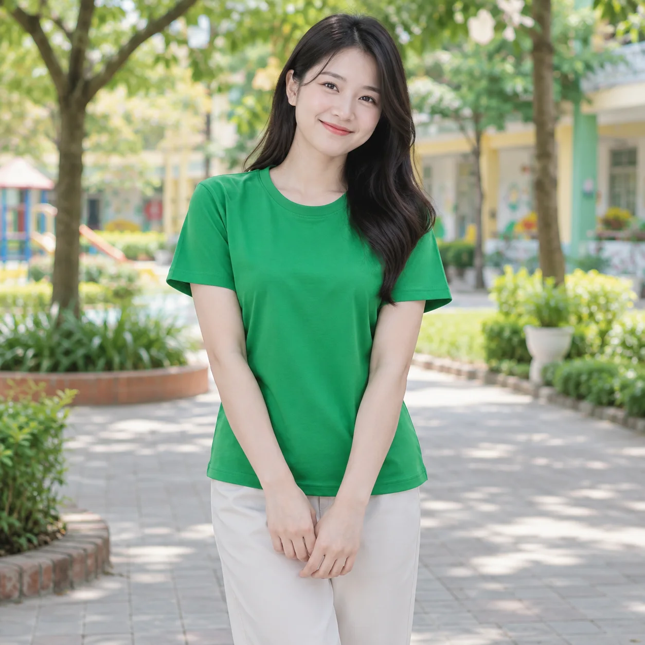 Đồng Phục Mầm Non Màu Xanh Lá, Cổ Tròn Cho Trường Học