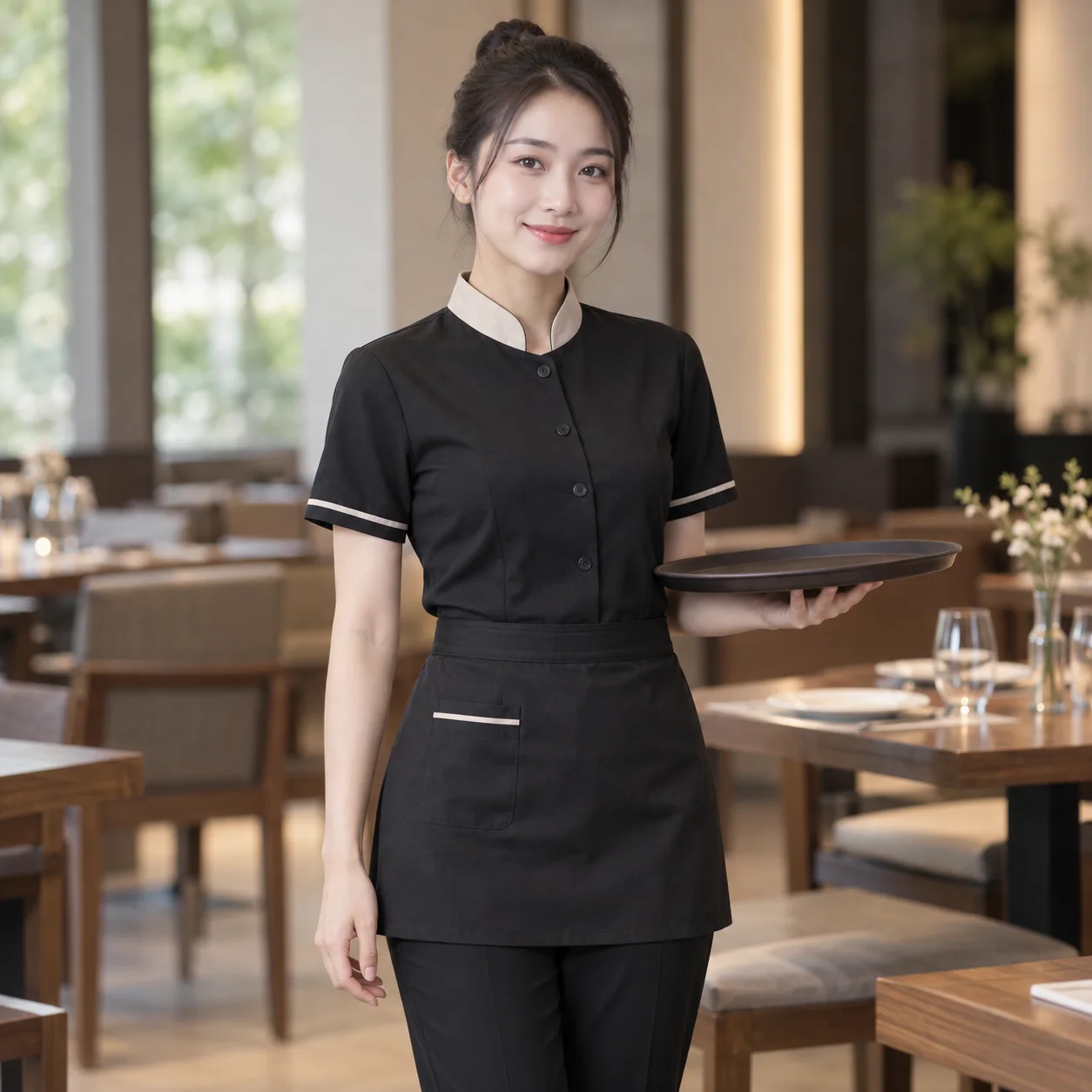 Đồng Phục Nhà Hàng Màu Đen, Phối Cổ Cho Nhân Viên Phục Vụ – Mẫu 1