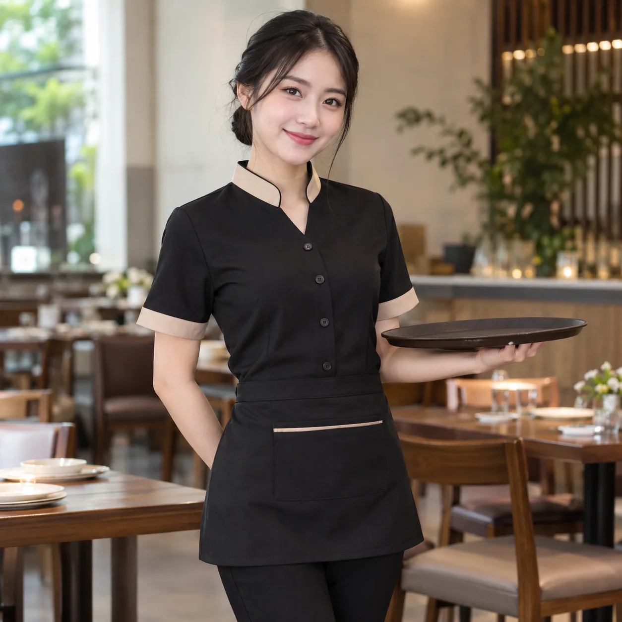 Đồng Phục Nhà Hàng Màu Đen, Phối Cổ Cho Nhân Viên Phục Vụ – Mẫu 2