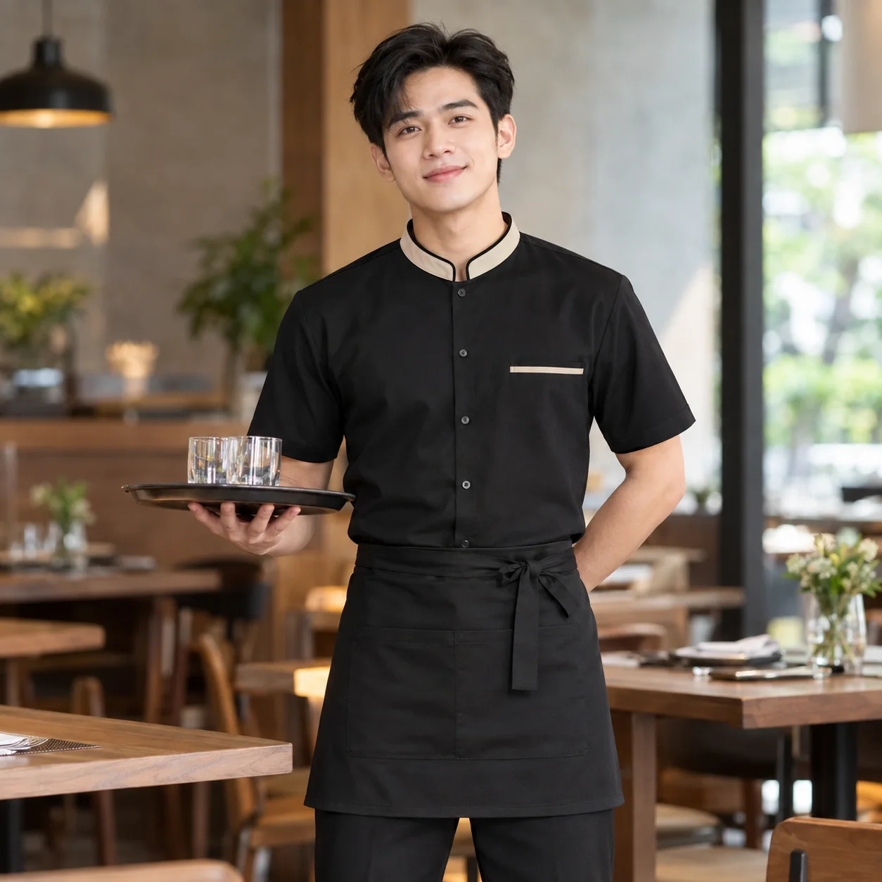 Đồng Phục Nhà Hàng Màu Đen, Phối Cổ Cho Nhân Viên Phục Vụ – Mẫu 3