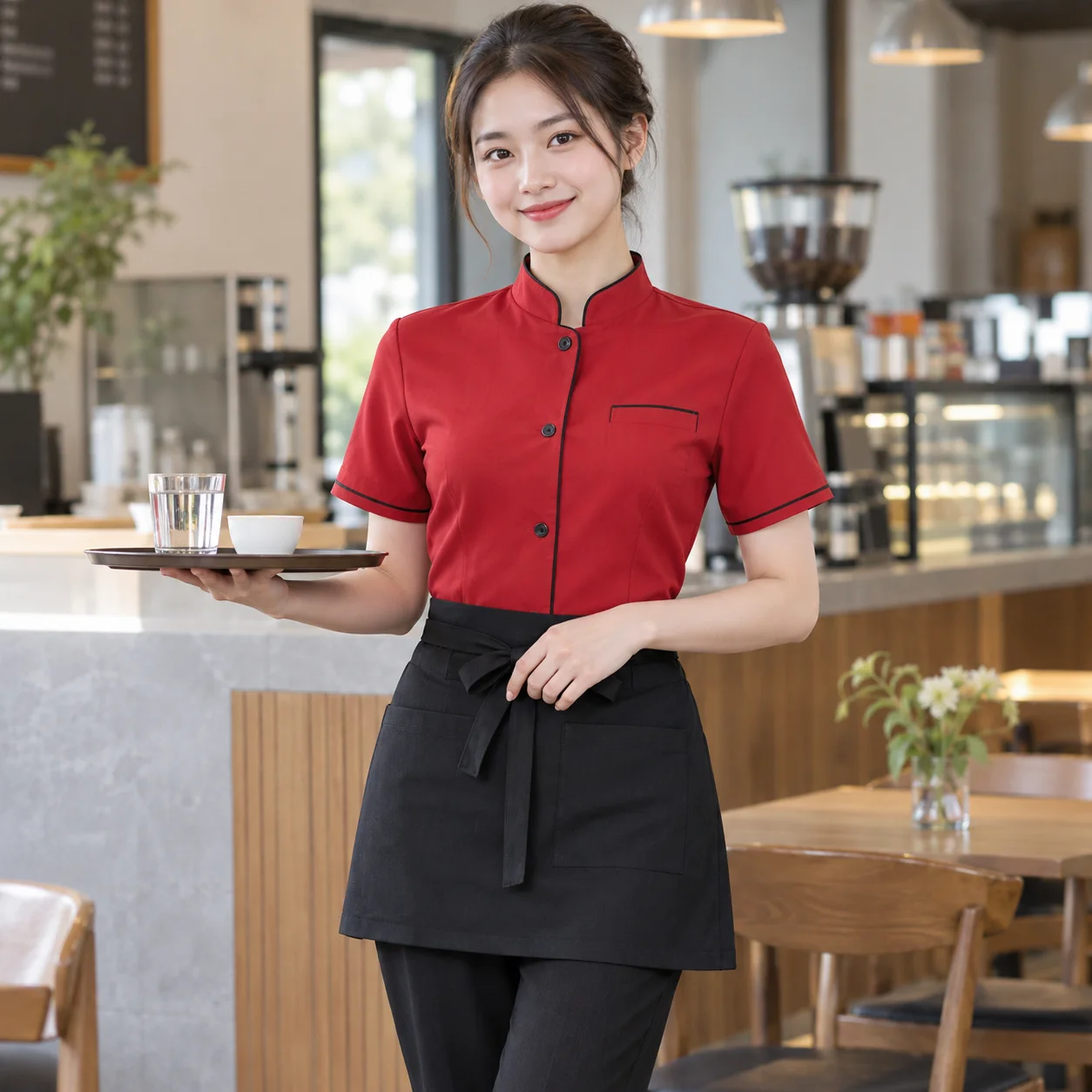 Đồng Phục Nhà Hàng Màu Đỏ Cho Nhân Viên Phục Vụ