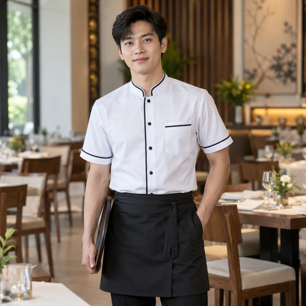 Đồng Phục Nhà Hàng Màu Trắng, Phối Cổ Cho Nhân Viên Phục Vụ – Mẫu 1