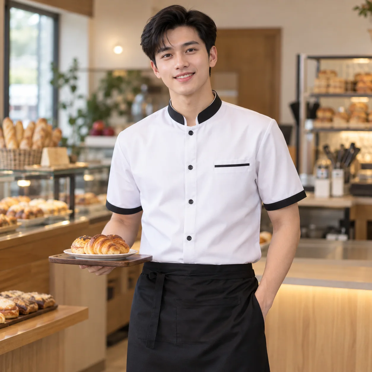 Đồng Phục Nhà Hàng Màu Trắng, Phối Cổ Cho Nhân Viên Phục Vụ – Mẫu 2