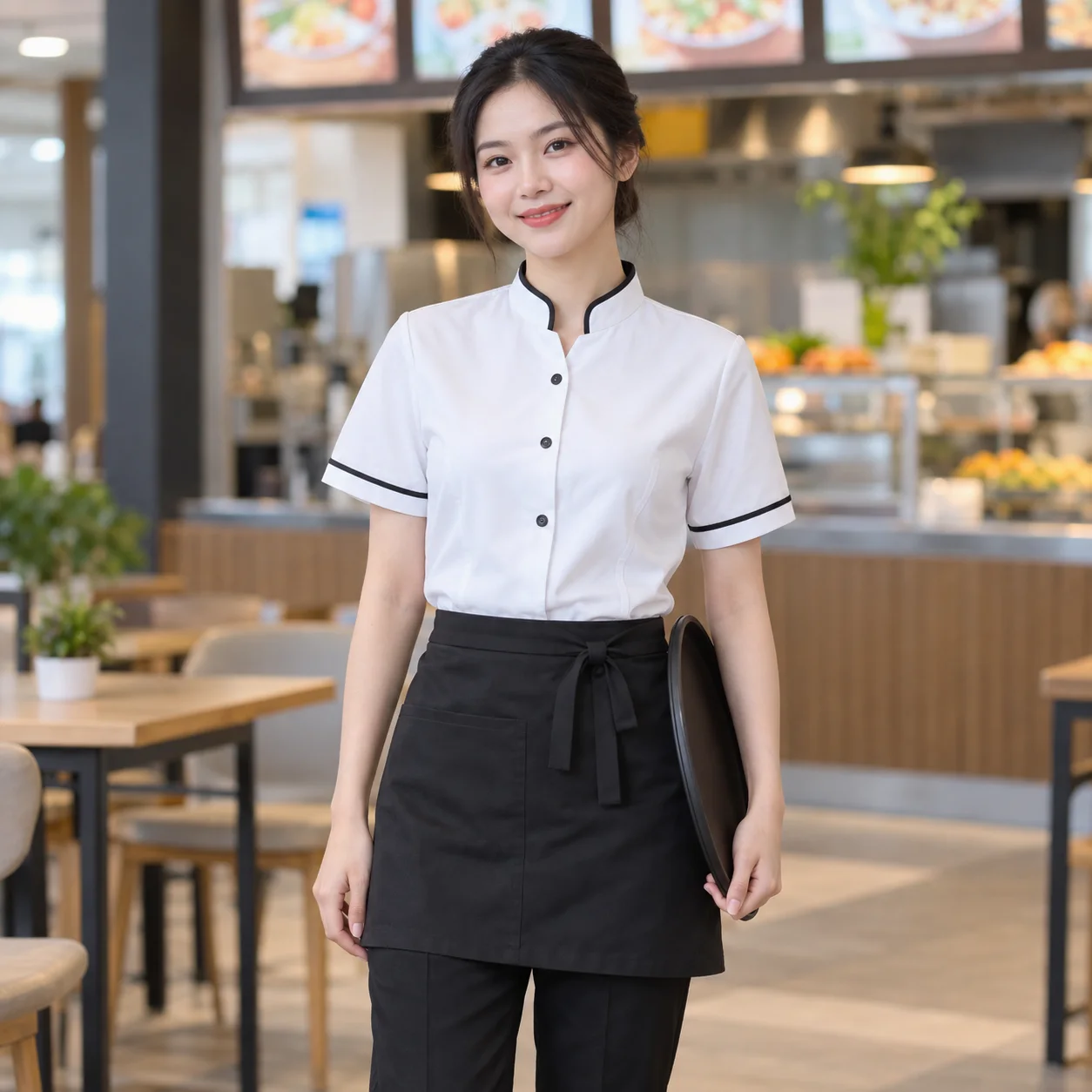 Đồng Phục Nhà Hàng Màu Trắng, Phối Cổ Cho Nhân Viên Phục Vụ – Mẫu 3