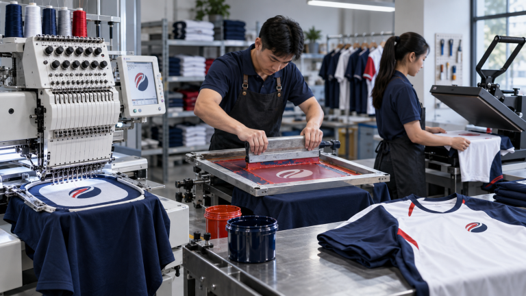 Xưởng thực hiện thêu, in lụa và ép nhiệt logo trên áo đồng phục
