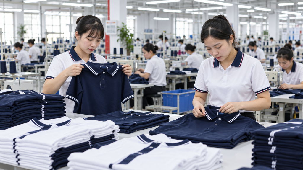 Nhân viên kiểm tra chất lượng áo polo trong xưởng may đồng phục