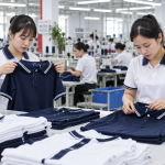 Nhân viên kiểm tra chất lượng áo polo trong xưởng may đồng phục